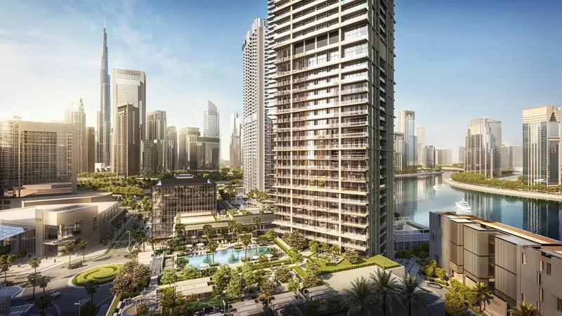 High-rise apartment tower in a Dubai canal district