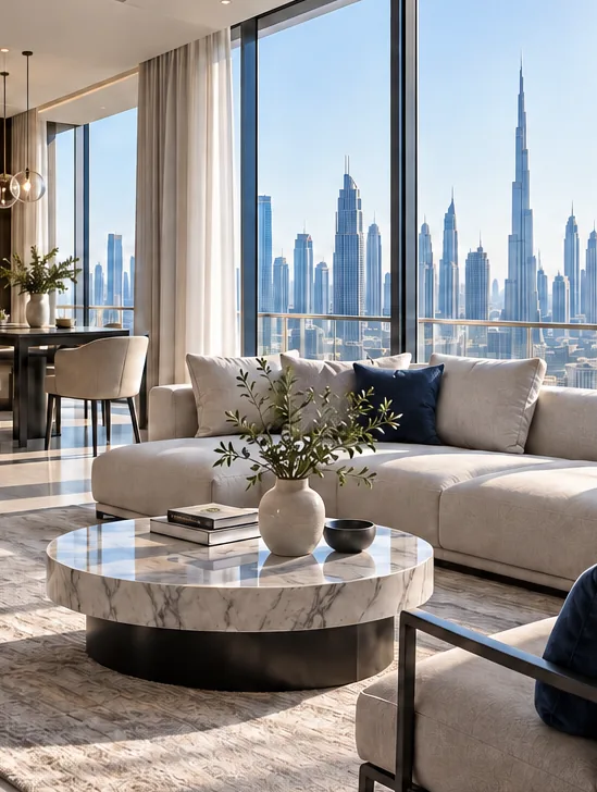 Premium Dubai residence living room with Burj Khalifa skyline view