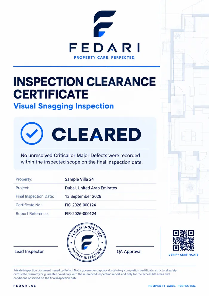 Sample Fedari inspection clearance document