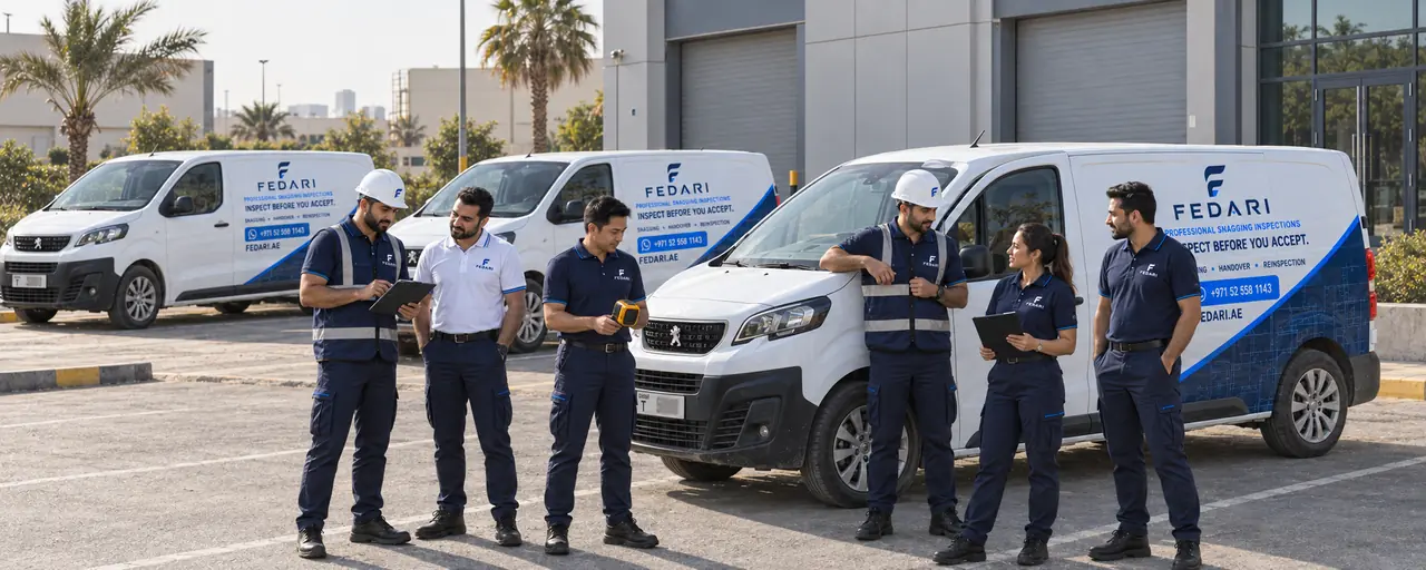 Fedari inspection team in branded uniform with Fedari vans on site in Dubai